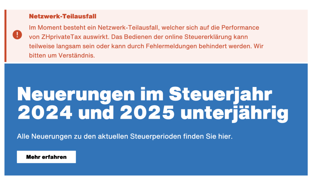 Zürcher Online-Steuer-Erklärung crasht